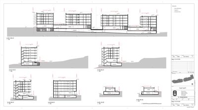 Bildet viser et snitt gjennom en fleretasjes bygning med flere detaljerte snitt av ulike etasjer.