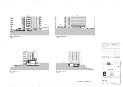 Bildet viser fire fasadetegninger (nord, syd, vest, øst) for et bygg med målstokk 1:200.