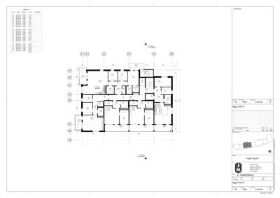 Etasjeplan (Plan 03) som viser romfordeling, veggposisjon og romareal for et leilighetsbygg.