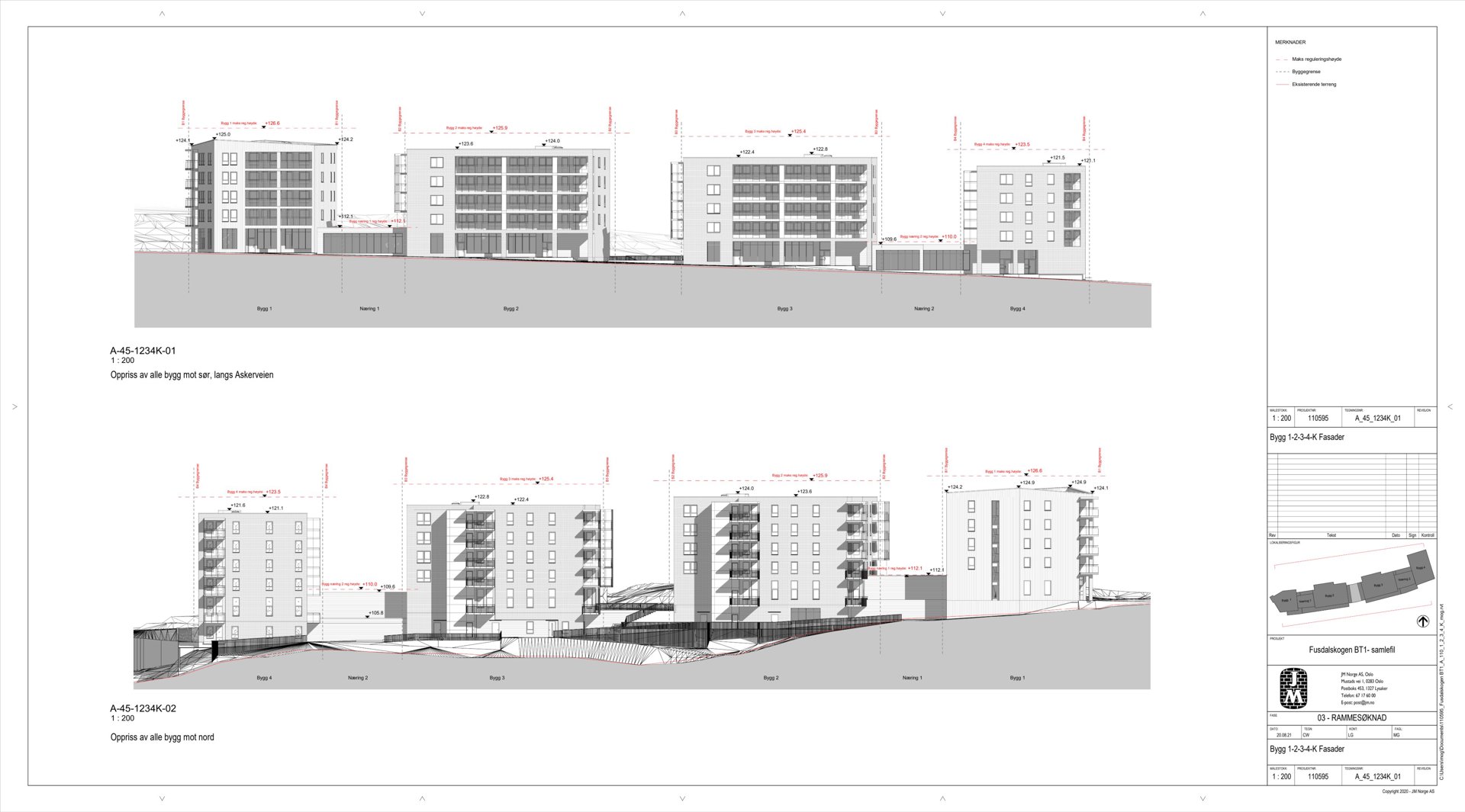 Bildet viser fasadetegninger (oppriks) av en bygning sett fra to ulike vinkler (mot sør og mot nord).