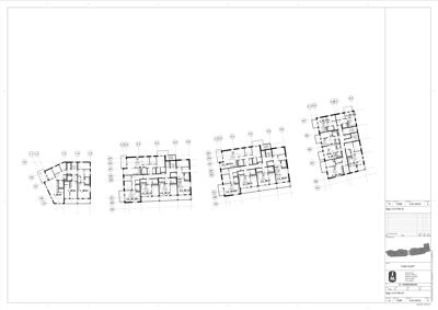 Bildet viser flere etasjeplaner (floor plans) for en bygning, med romfordeling og mål.
