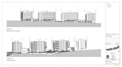 Bildet viser fasadetegninger for en bygning med flere etasjer, inkludert oppriss og detaljer.