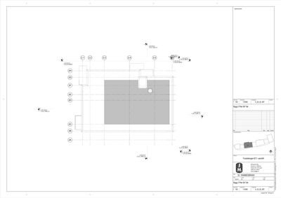 Etasjeplan eller takplan (Plan 06 Tak) som viser romfordeling, veggposisjon og konstruksjonslinjer.