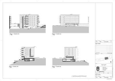 Bildet viser fire fasadetegninger av en bygning (Bygg 3) sett fra nord, syd, vest og øst.