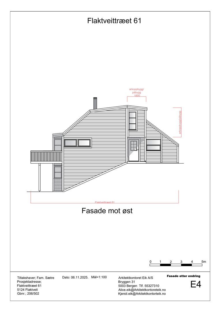 Fasadetegning av en bolig ved Flaktveittræet 61, sett fra øst. Tegningen viser fasadens utforming, vinduer, balkong og mål (bredde 10,00 m, høyde 4,00 m).