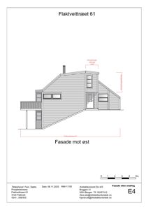 Fasadetegning av en bolig ved Flaktveittræet 61, sett fra øst. Tegningen viser fasadens utforming, vinduer, balkong og mål (bredde 10,00 m, høyde 4,00 m).