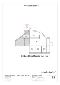 Snittegning (Snitt nr. 59) som viser bygningens tverrsnitt, høyder, takform og fasadeelementer mot vest.