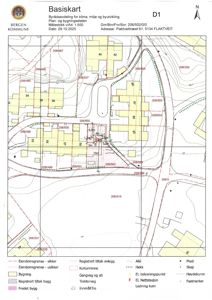 Basiskart (situasjonsplan) som viser eiendomsgrenser, bygninger, vegnett, høydekurver og andre kartleggingsdata for Flaktveit 61.