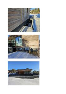 Fotografier av en moderne bygning med trepanel og store vinduer, tatt i vinterforhold.