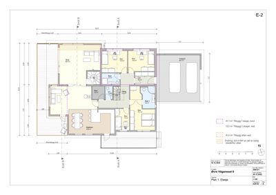 Etasjeplan (Plan 1) som viser romfordeling, mål og areal for en bolig i Øvre Vågeneset 9.