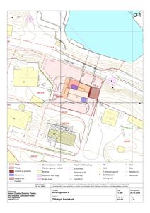 Situasjonsplan (tiltak på basiskart) som viser tomt, bygninger, vegger, høydekurver og grenser.