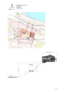 Bildet viser en situasjonsplan med topografi, eiendomsinndeling, veier og en fasadeopprikk med høydemål.