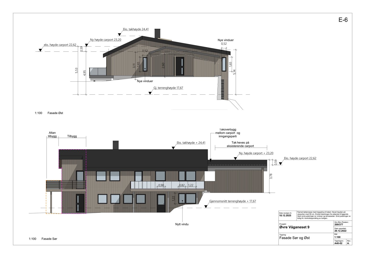 3D-visualisering (rendering) av fasade Øst og fasade Sør for en bygning, med angitte mål og høyder.