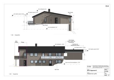 3D-visualisering (rendering) av fasade Øst og fasade Sør for en bygning, med angitte mål og høyder.