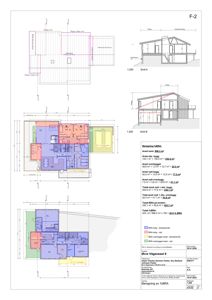 Etasjeplaner (F-2) med romfordeling, dimensjoner og arealberegninger for et hus.
