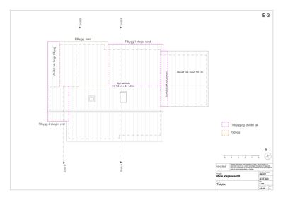 Takplan som viser planlagt tilbygg og utvidelse av taket.