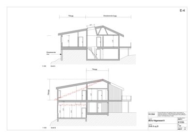Snittegning (Snitt A og B) som viser tverrsnittet av en eksisterende og en tilbygd del av en bygning.