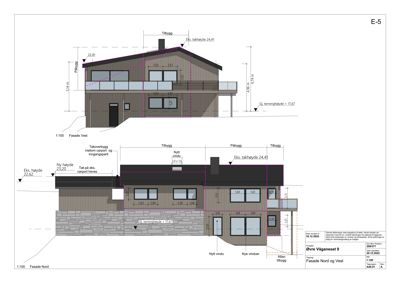 Fasadetegning som viser oppriss av bygningens front (vest og nord/sør) med mål, vinduer og takhøyder.