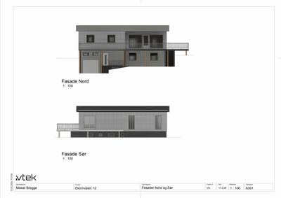 Fasadetegning som viser bygningens utseende sett fra nord og sør.