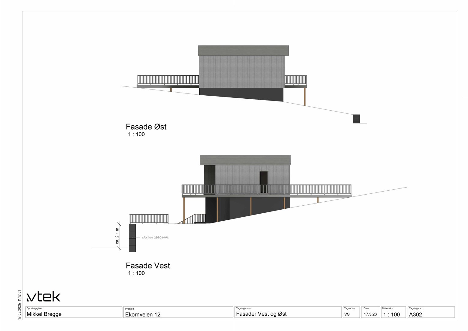 Tegning som viser fasader (oppsett) av en bygning sett fra øst og vest, inkludert detaljer om terrasser og trapper.