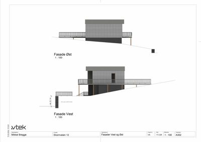 Tegning som viser fasader (oppsett) av en bygning sett fra øst og vest, inkludert detaljer om terrasser og trapper.