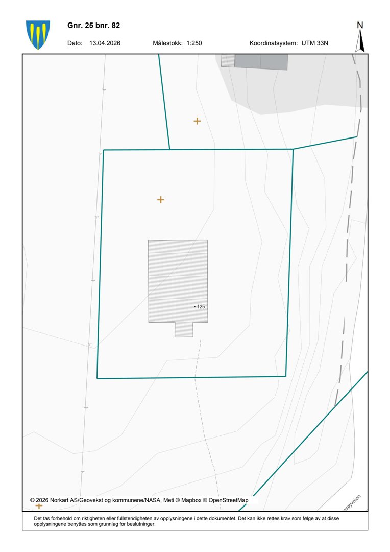 Situasjonsplan som viser eiendomsnummer (Gnr. 25 bnr. 82), bygningens plassering, tomtegrenser, høydeforhold (konturlinjer) og nabolag.