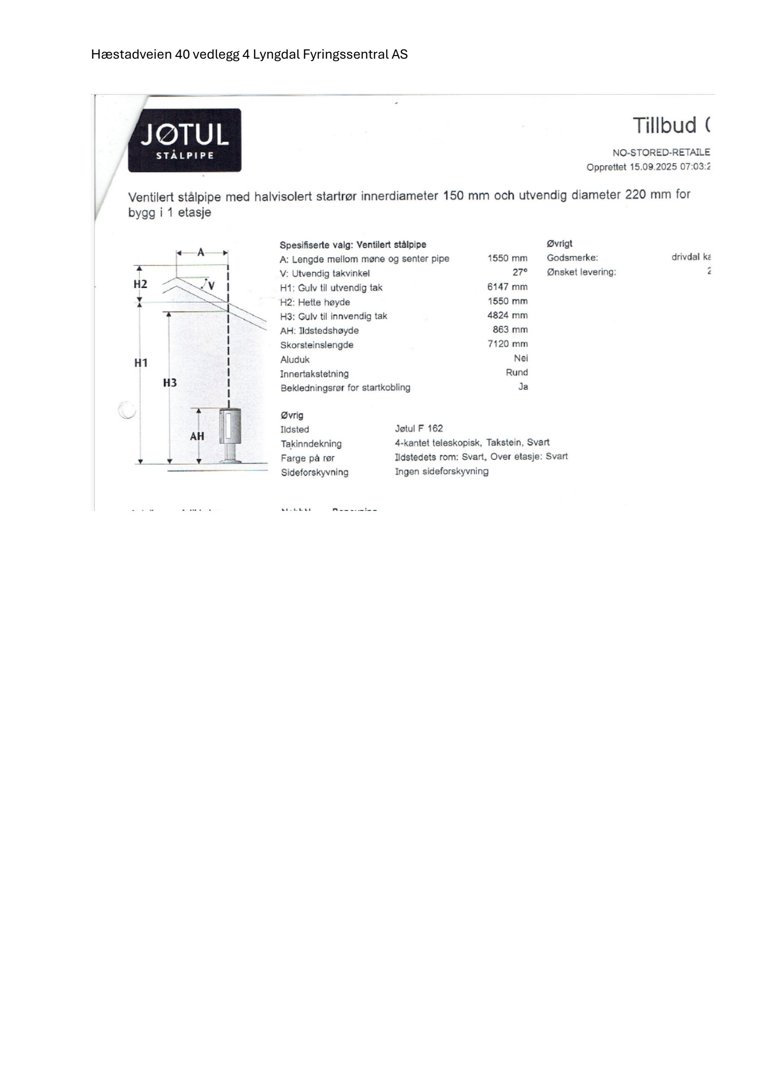 Teknisk tegning og spesifikasjon av en ventilert ståpipe med mål og materialbeskrivelse.
