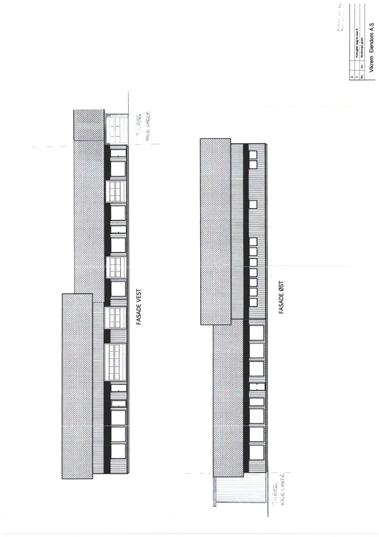 Tegning som viser fasadeopprikk for bygningen sett fra vest og øst.
