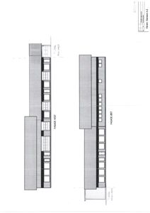 Tegning som viser fasadeopprikk for bygningen sett fra vest og øst.