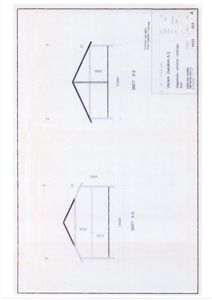 Snittegning (SNITT A-A og SNITT B-B) som viser tverrsnittet av en bygning med mål på takhøyde, vinkel og konstruksjon.