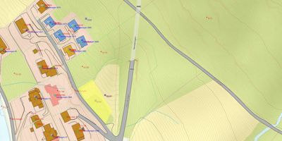 Kart over et område med flere bygninger, veier og terrengforhold (konturlinjer).