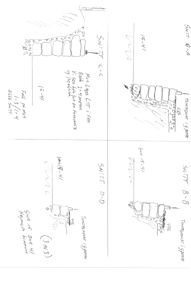 Håndskrevne snittegninger (Snitt A-A, B-B, C-C, D-D) som viser grunnmur, fundament og terrengforhold.