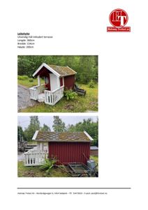 Fotografier av en lekehytte med mål og kontaktinfo for Holsøy Trelast AS.