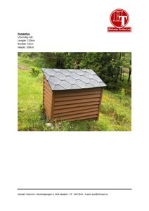 Fotografi av et ferdigmontert pumpelhus i en utendørs setting, med tekstbeskrivelse over og logo/stempel under.