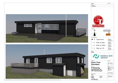 3D-visning (rendering) av en planlagt fritidsbolig sett fra utsiden.