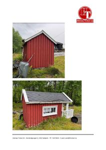 Fotografier av en rød hytte sett fra ulike vinkler.