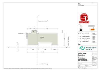 Etasjeplan for blindkjeller med romfordeling (bod, bodskjerp) og fasader.