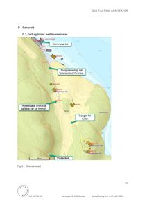 Et topografisk kart (Fig 1) som viser et område med kystlinje, høydeforhold, og merknader om parkering, vann og hytteeiere.