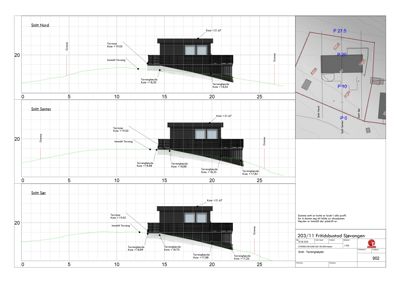 Tegning som viser tre snitt (Nord, Senter, Sør) gjennom en bygning med høydeangivelser og terrengforhold.
