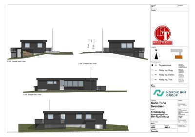 Fasadetegning som viser bygningens utseende fra fire ulike vinkler (Nord/Vest, Sør/Aust, Sør/Vest, Sør/Vest) med mål og detaljer.