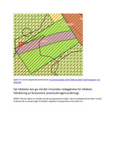 Situasjonskart med fargekodet arealdeling (grønt, rødt, gult) og tekstuell informasjon om kommunale planbestemmelser og faresoner.