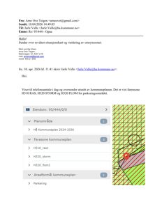 Et situasjonskart (tomtekart) som viser eiendomsnummer, planområde, faresoner (ras, storm, flom) og arealformål (parkering).