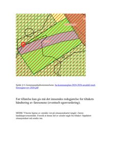 Situasjonskart som viser et areal med ulike faresoner (markert med farger og skravering) og en markør for en spesifikk plassering. Teksten under refererer til kommuneplanbestemmelsene og landskapsvernområde.