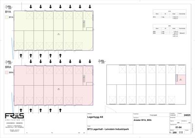 Etasjeplaner (BYA og BRA) for 1. og 2. etasje av et lagerbygg, med romfordeling og arealoppsett.