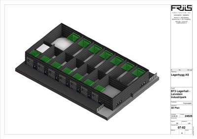 3D-visualisering av en lagerhall med romfordeling og fasadeelementer