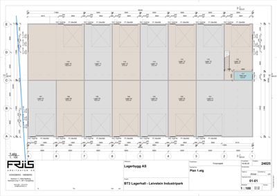 Etasjeplan (1.etg) av et lagerbygg som viser romfordeling, arealer og dimensjoner.