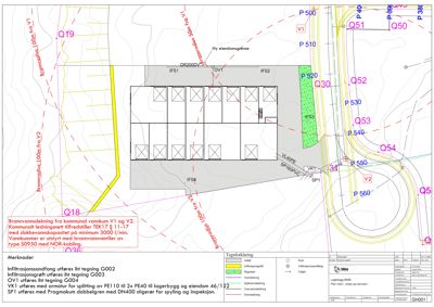 Situasjonsplan som viser tomt, bygning, vannkummer og infrastruktur.