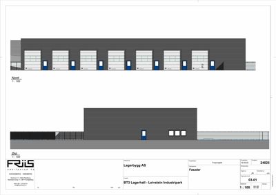 Fasadetegning av en lagerbygning med flere dører og vinduer, sett fra nord og øst.