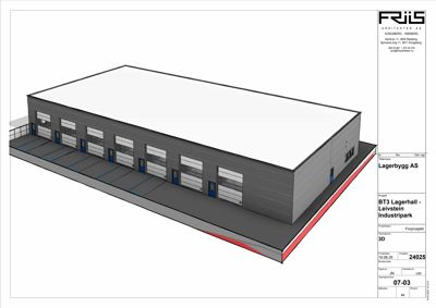3D-visualisering av en planlagt lagerhall med flere lastebilporter.