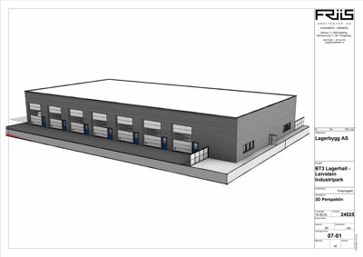 3D-perspektivtegning av en planlagt lagerbygning.